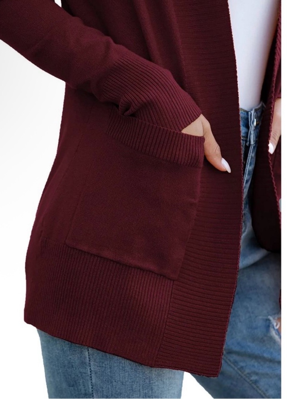 Women's Open-Front Maroon Cardigan Sweater - Picture 3 of 6